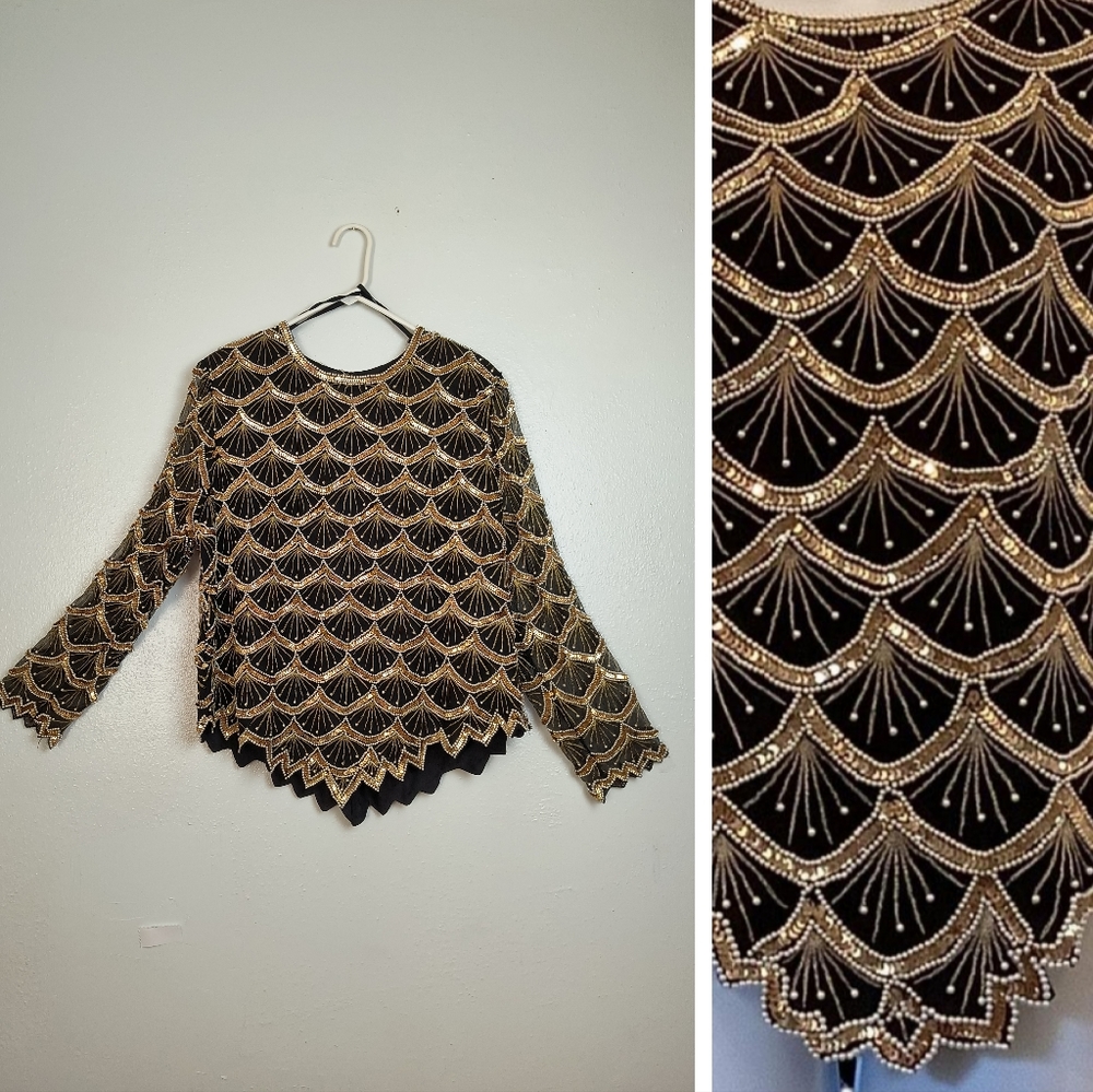 Laurence Kazar 1X Vintage Silk Beaded Top Blouse Ornamentation Cocktail